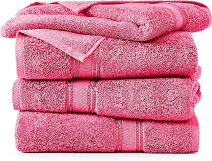LANE LINEN 100% Cotton Large Bath Towels Set of 4 (30"x60") - Zero Twist, Mercerized Cotton Bathroom Towel 4 Pack - Quick Dry, Soft & Absorbent Large Towels Set - Dorm Essentials for Girls - Fuchsia