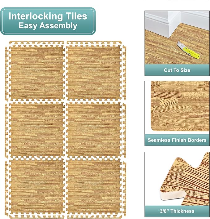 Sorbus Wood Grain Floor Tiles Foam Mat EVA Interlocking Mats Tile 3/8-Inch Thick Flooring Wood Puzzle Exercise Mats w/Borders - Home Playroom Basement, Apartment, Trade Show, Baby, Dance