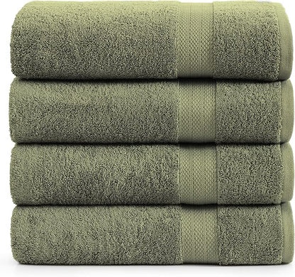 Lane Linen 100% Cotton 4 Pack Bath Towels (28"x54") - Ring Spun Mercerized Cotton Bathroom Towels Set - Quick Dry, Highly Soft & Absorbent Large Bath Towels - Tumble Dry Regains Fluffiness - Oil Green