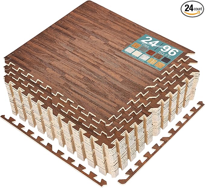 Sorbus Wood Grain Floor Tiles Foam Mat EVA Interlocking Mats Tile 3/8-Inch Thick Flooring Wood Puzzle Exercise Mats w/Borders - Home Playroom Basement, Apartment, Trade Show, Baby, Dance