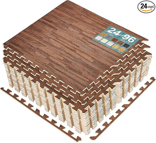 Sorbus Wood Grain Floor Tiles Foam Mat EVA Interlocking Mats Tile 3/8-Inch Thick Flooring Wood Puzzle Exercise Mats w/Borders - Home Playroom Basement, Apartment, Trade Show, Baby, Dance